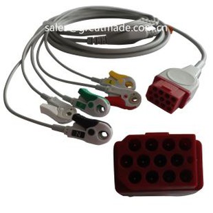 Συμβατό καλώδιο ηλεκτροκαρδιογράφων Bionet BM3 BM5 με καλώδια Leadwires, AHA, 5-Lead, Snap, Κόκκινο 12pin